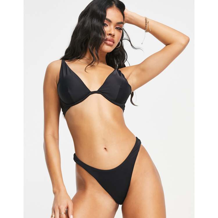 ASOS DESIGN mix and match high leg Brazilian bikini bottom with ruche back  in black