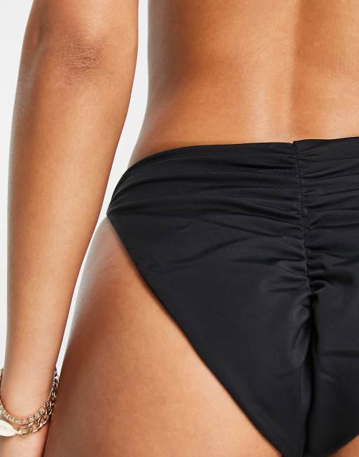 ASOS DESIGN mix and match high leg Brazilian bikini bottom with ruche back in black , 3 of 4