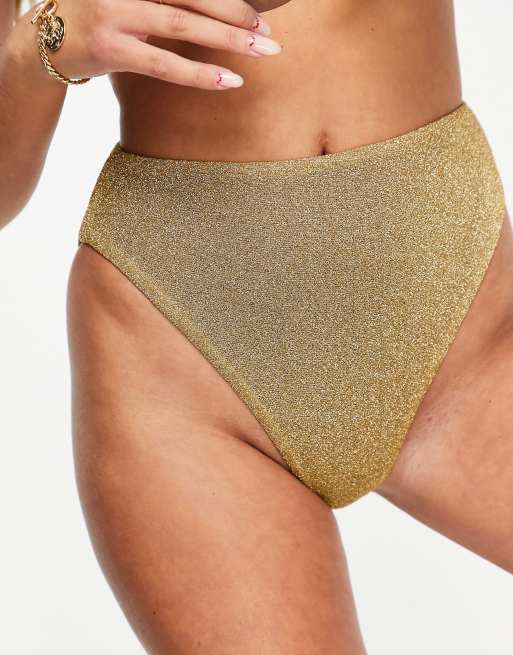 ASOS DESIGN mix and match high leg high waist bikini bottom in gold glitter, 4 of 4