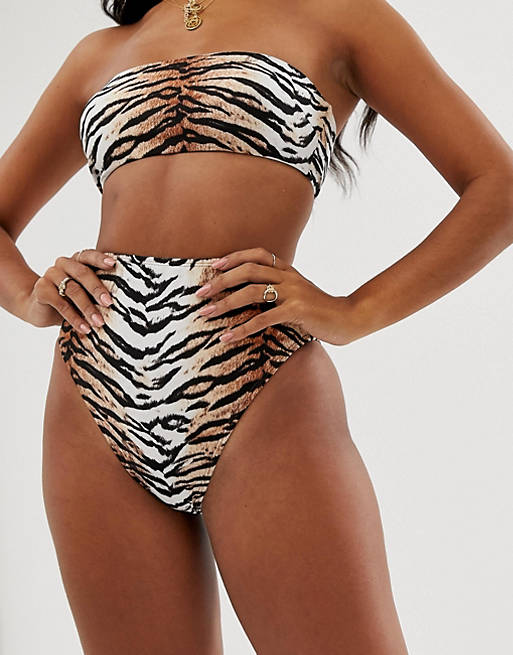 ASOS DESIGN mix and match high leg high waist bikini bottom in natural tiger print