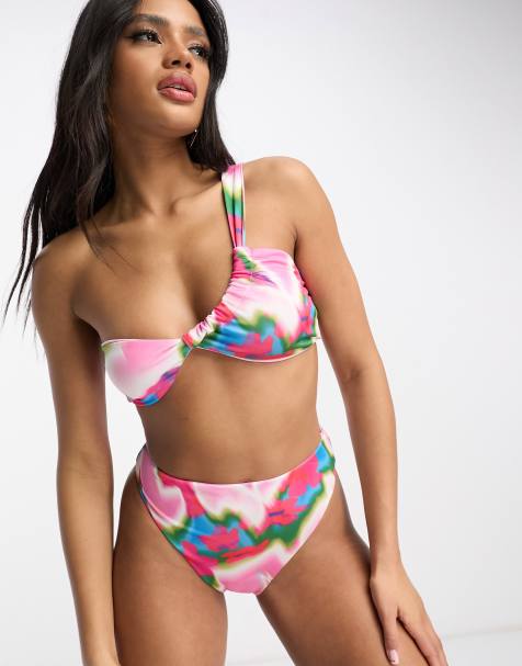 ASOS DESIGN mix and match high leg high waist bikini bottom in pink abstract smudge print - view 1