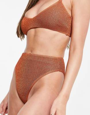 ASOS DESIGN mix and match glitter high leg high waist bikini bottom in gold  metallic