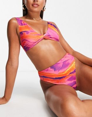 ASOS DESIGN mix and match high leg high waist bikini bottom in sunset marble print