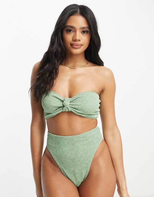 ASOS DESIGN - Mix and Match - Kakigrøn bandeau-bikinitop med knude foran i krølstof , 4 af 4