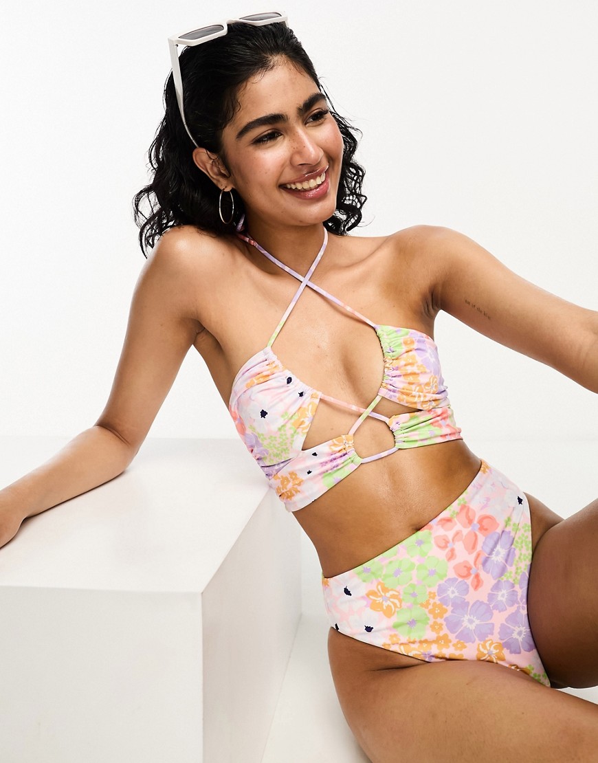 Asos Design Mix And Match Keyhole Cross Neck Bikini In Pastel Ditsy Floral-multi
