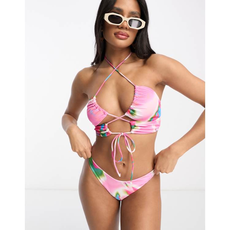 ASOS DESIGN mix and match glitter cross neck halter bikini top in pink