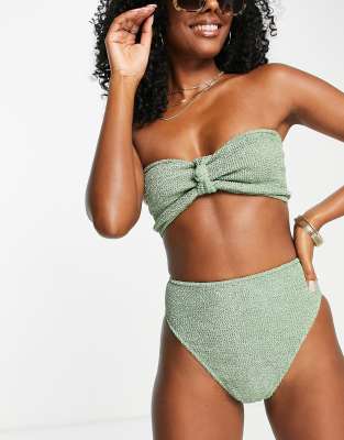 ASOS DESIGN mix and match knot bandeau crinkle bikini top in khaki