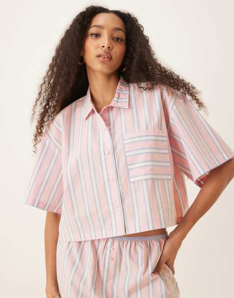 ASOS DESIGN – Mix and Match – Kurzärmliges, rosa-blau gestreiftes Pyjamahemd aus Webstoff - view 1