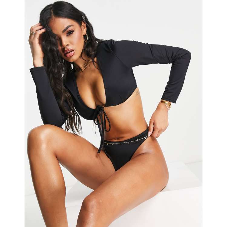 ASOS DESIGN mix and match long sleeve tie front bikini top in black