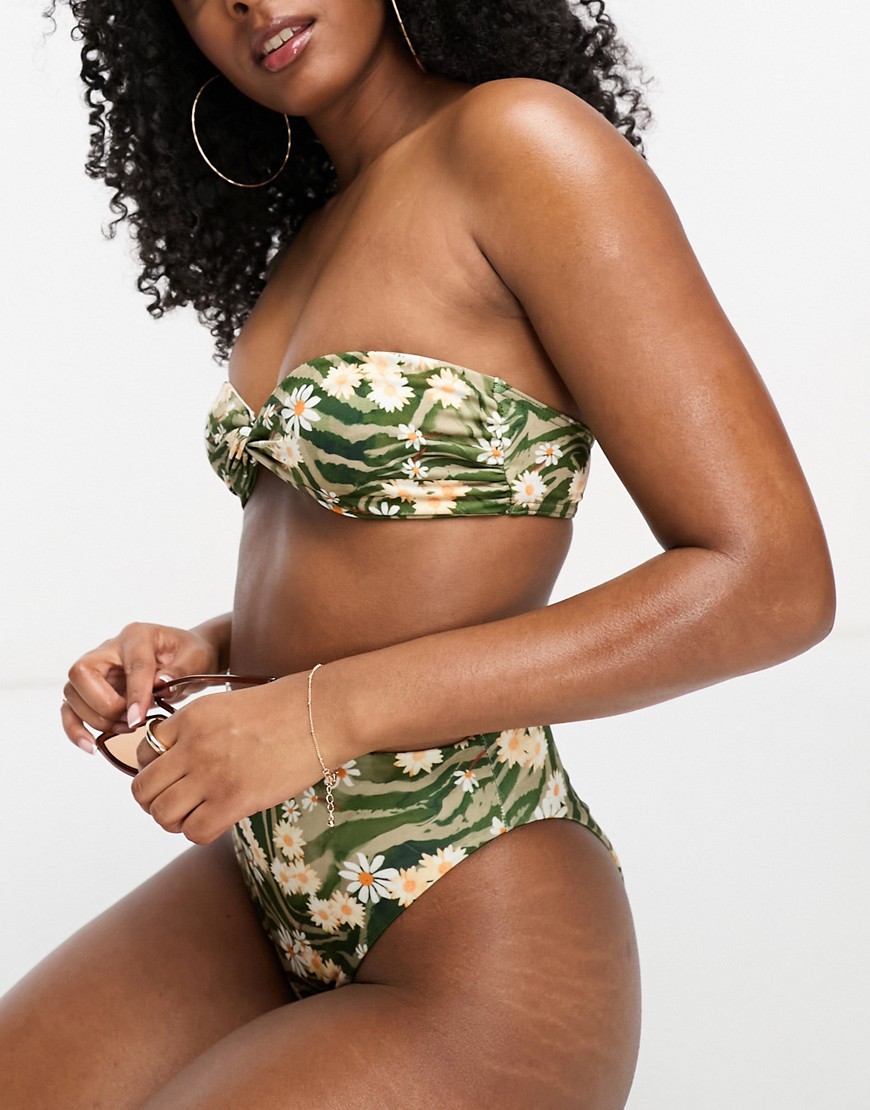ASOS DESIGN mix and match moulded twist bandeau bikini top in animal daisy print-Multi
