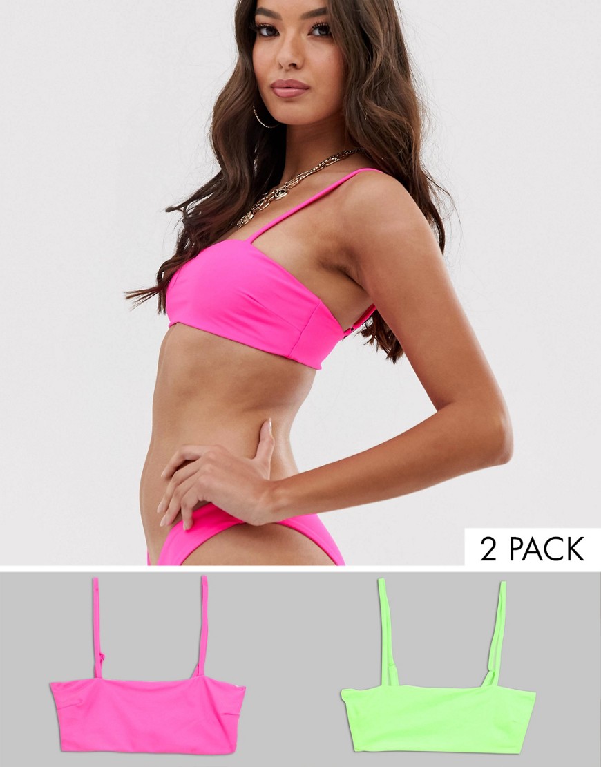 ASOS DESIGN mix and match multi pack thin strap square crop bikini top in neon green and neon pink