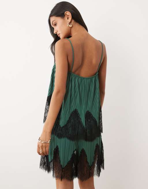 ASOS DESIGN Mix and Match plisse square neck cami top in teal with black lace trim, 4 of 4
