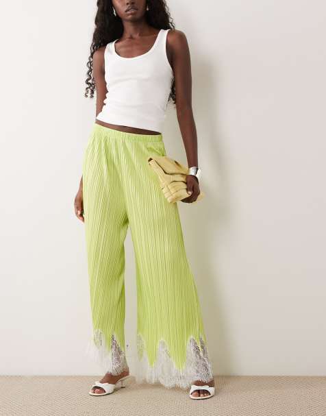 ASOS DESIGN Mix and Match plisse straight leg pants in green with white lace trim - view 1