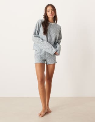 ASOS DESIGN - Mix and Match - Pyjama-Shorts in Blau mit Blümchenmuster