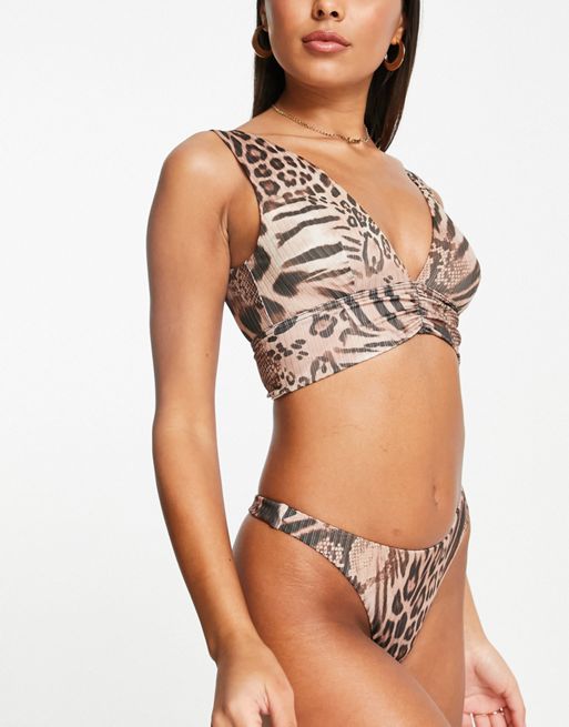 ASOS DESIGN Fuller Bust mix and match rib deep plunge bikini top in leopard  print