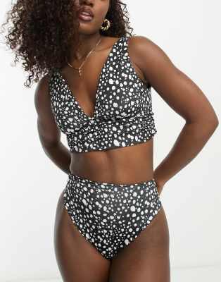 Asos Design Mix And Match Rib Deep Band Side Ruched Crop Bikini Top In Mono Spot-multi