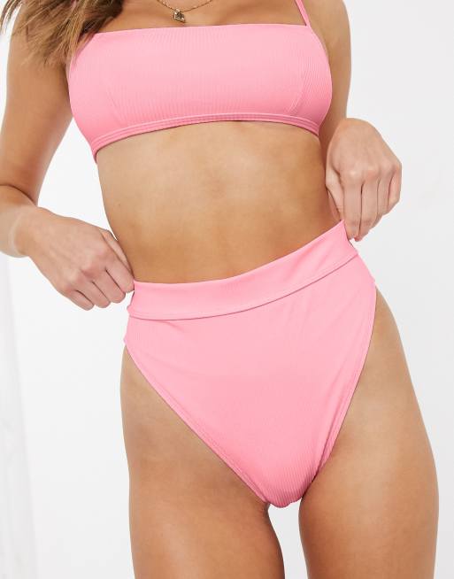 Asos Design Mix And Match Rib High Leg High Waist Bikini Bottom In Dolly Pink Asos