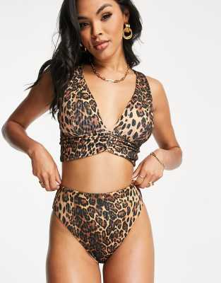 Asos Design Mix And Match Rib High Leg High Waist Bikini Bottom In Leopard Print-multi