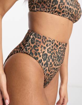 Asos Design Mix And Match Rib High Leg High Waist Bikini Bottom In Leopard Print-multi