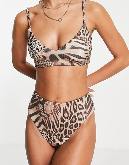 Swimwear & Beachwear mix and match rib high leg high waist bottom in leopard animal print 