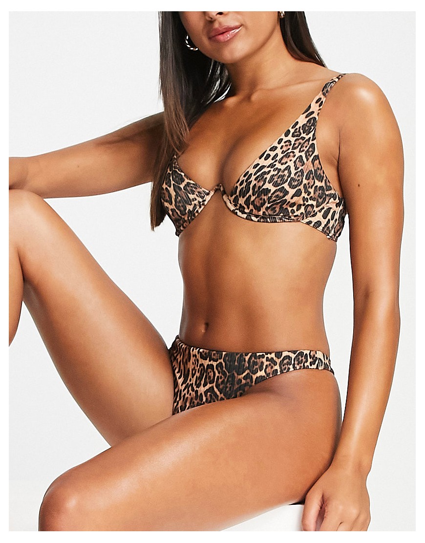 Asos Design Mix And Match Rib Knot Crop Bikini Top In Leopard Print-multi