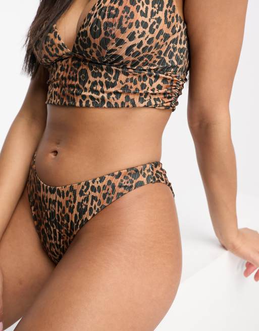 ASOS DESIGN mix and match ribbed high leg hipster bikini bottom in leopard  print