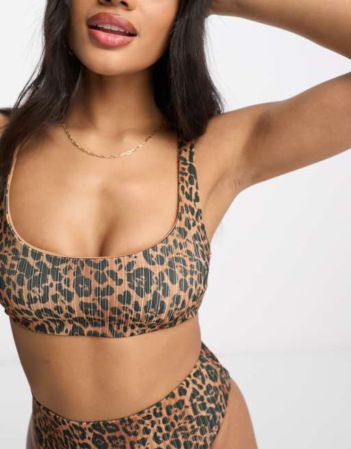 ASOS DESIGN mix and match ribbed skinny crop bikini top in leopard print