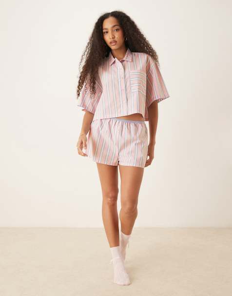 ASOS DESIGN – Mix and Match – Rosa-blau gestreifte Pyjama-Boxershorts aus Webstoff - view 1