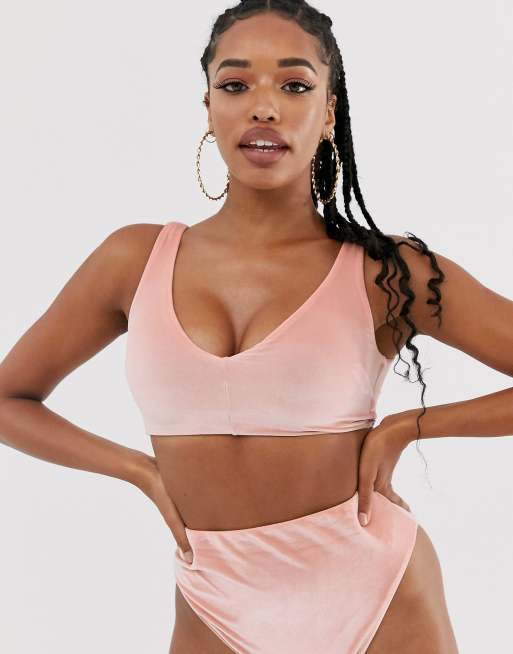 ASOS DESIGN – Mix and Match – Różowa, aksamitna góra od bikini z fasonem o skróconym kroju dla kobiet o rozmiarze biustu DD-G