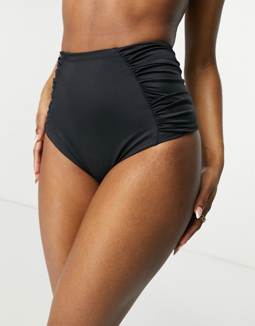 ASOS DESIGN mix and match ruched panel high waist bikini bottom in black