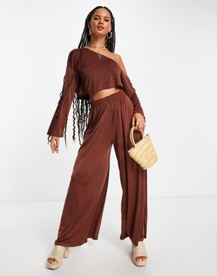 ASOS DESIGN mix and match slinky jersey off shoulder beach top in brown