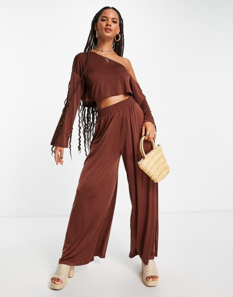 ASOS DESIGN mix and match slinky jersey off shoulder beach top in brown