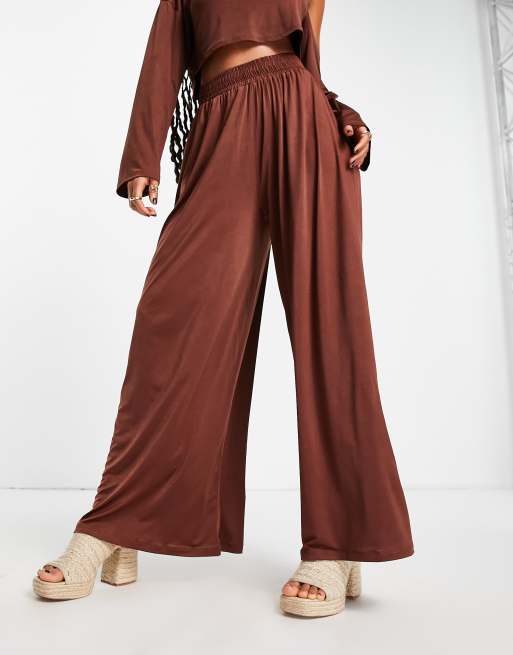 ASOS DESIGN mix and match slinky jersey wide leg beach pants in brown