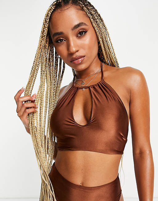  mix and match slinky keyhole high neck bikini top in brown 