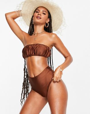 ASOS DESIGN mix and match slinky ruched bandeau bikini top in brown - ASOS Price Checker
