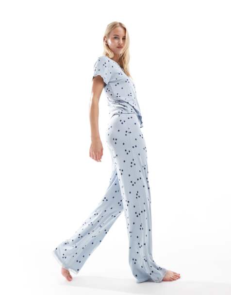 ASOS DESIGN - Mix and match - Superblød pyjamas med blondekant og stjerneprint i blå - view 1