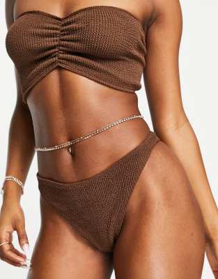 ASOS DESIGN - Mix and Match - Tanga-Bikinihose in Schokoladenbraun mit Knitterstruktur