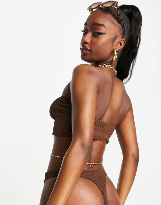 ASOS DESIGN – Mix and Match – Tanga-Bikinihose in Schokoladenbraun mit Knitterstruktur, 2 von 4