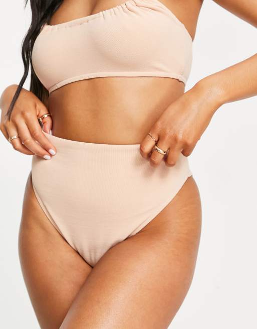 ASOS DESIGN mix and match terry cloth high leg high waist bikini bottom in sand, 3 of 4