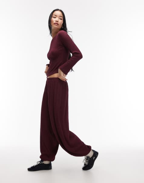 ASOS DESIGN Mix and Match textured balloon leg pants in berry - view 1
