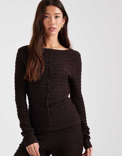 ASOS DESIGN Mix and Match textured long sleeve top with seam detail and scoop back in chocolate - view 1