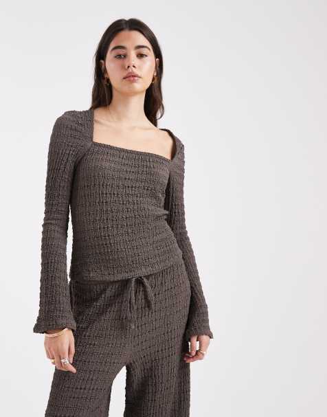 ASOS DESIGN Mix and Match textured square neck flare sleeve top in dark grey - view 1