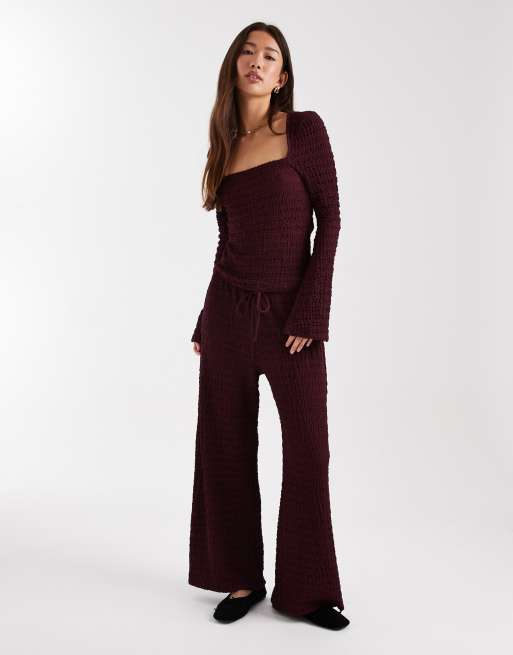 ASOS DESIGN Mix and Match textured seam detail scoop back long sleeve top and wide leg pants set in burgundy, 2 of 5