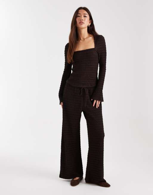 ASOS DESIGN Mix and Match textured tie waist wide leg pants in chocolate