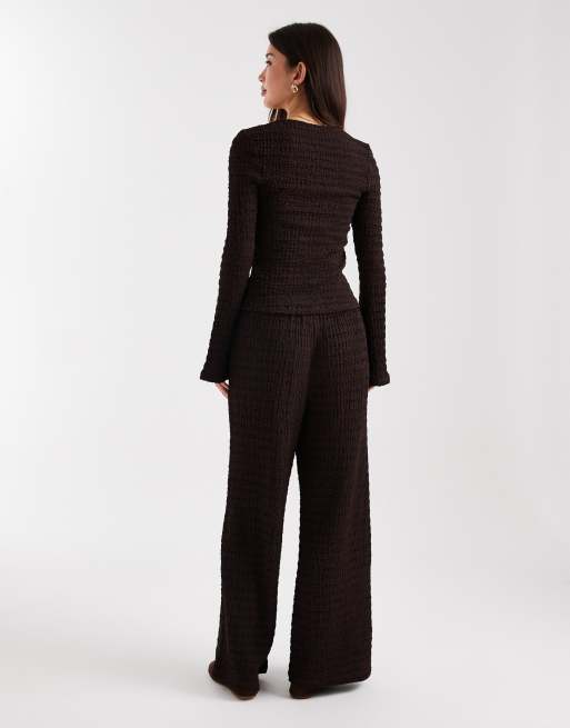ASOS DESIGN Mix and Match textured tie waist wide leg pants in chocolate , 2 of 5