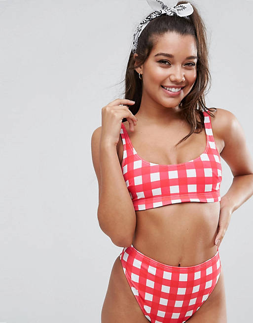 ASOS DESIGN Mix and Match 'The Crop' Bikini Top in Red Gingham