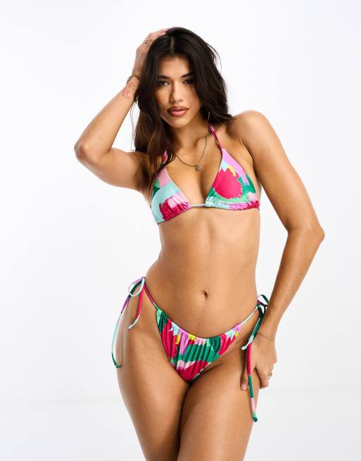 ASOS DESIGN mix and match tie back triangle bikini top in bold abstract  print