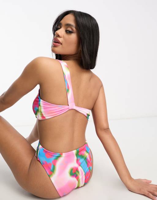 ASOS DESIGN mix and match twist one shoulder bikini top in pink abstract  smudge print