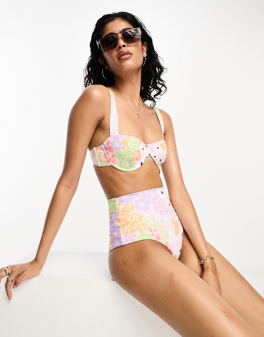 Asos Design Fuller Bust Mix And Match Underwired Bikini Top In Mixed Ditsy Floral Print-multi