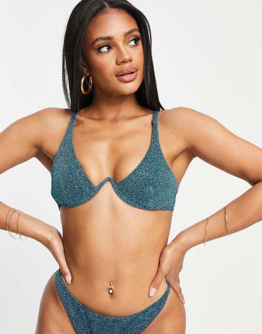 ASOS DESIGN mix and match V underwire bikini top in blue glitter